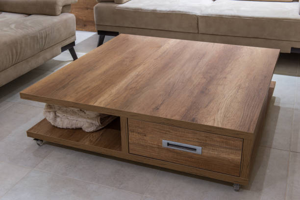 Wooden coffe table in home interior, coleup