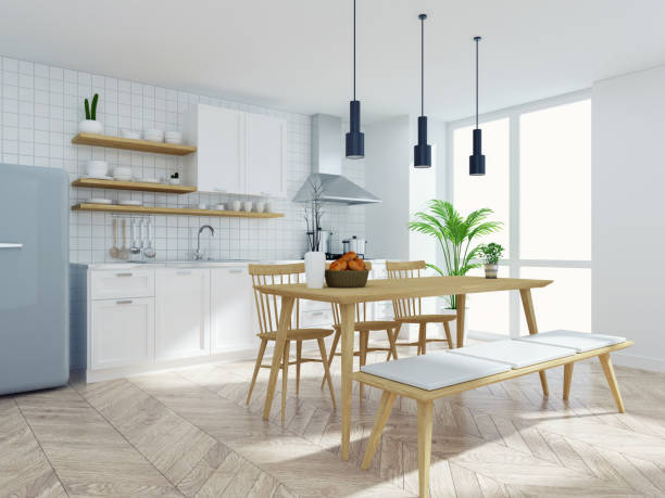 istock Modern scandinavian kitchen and dinning  room interior,wood table and chair with white counter ,pantry room .3drender 925697384