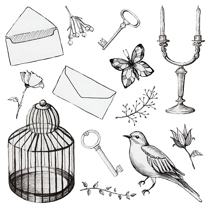 Vintage set with bird cage, bird, letter, butterfly, candleholder, keys and flowers. Liner hand drawn illustration