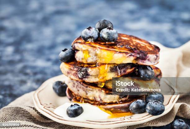 Stack Of Freshly Prepared Blueberry Ricotta Pancakes Stock Photo - Download Image Now