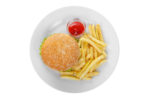 Burger and French fries isolated white stock photo