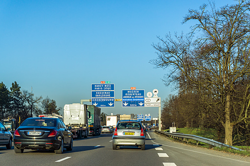 Strasbourg, France - February 14, 2018: Traffic on the highway towards Strasbourg in winter.