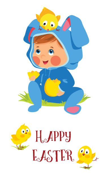ilustraciones, imágenes clip art, dibujos animados e iconos de stock de feliz tarjeta de pascua con conejito bebé y pollitos - chicken young bird animal egg baby chicken