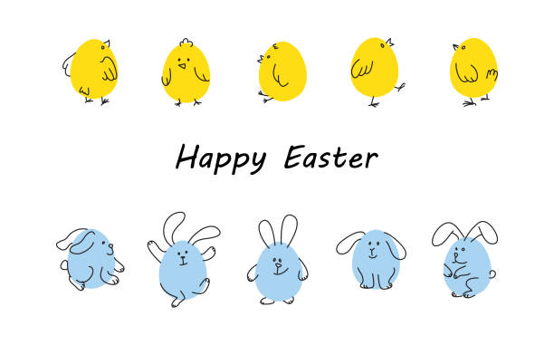 ilustrações de stock, clip art, desenhos animados e ícones de easter borders with funny bunnies and chicks - chicken isolated yellow young animal