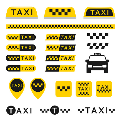 Taxi set icons, logos, buttons, and other vector elements isolated from the background. Yellow checkered signs for taxi or cab services in the flat style.