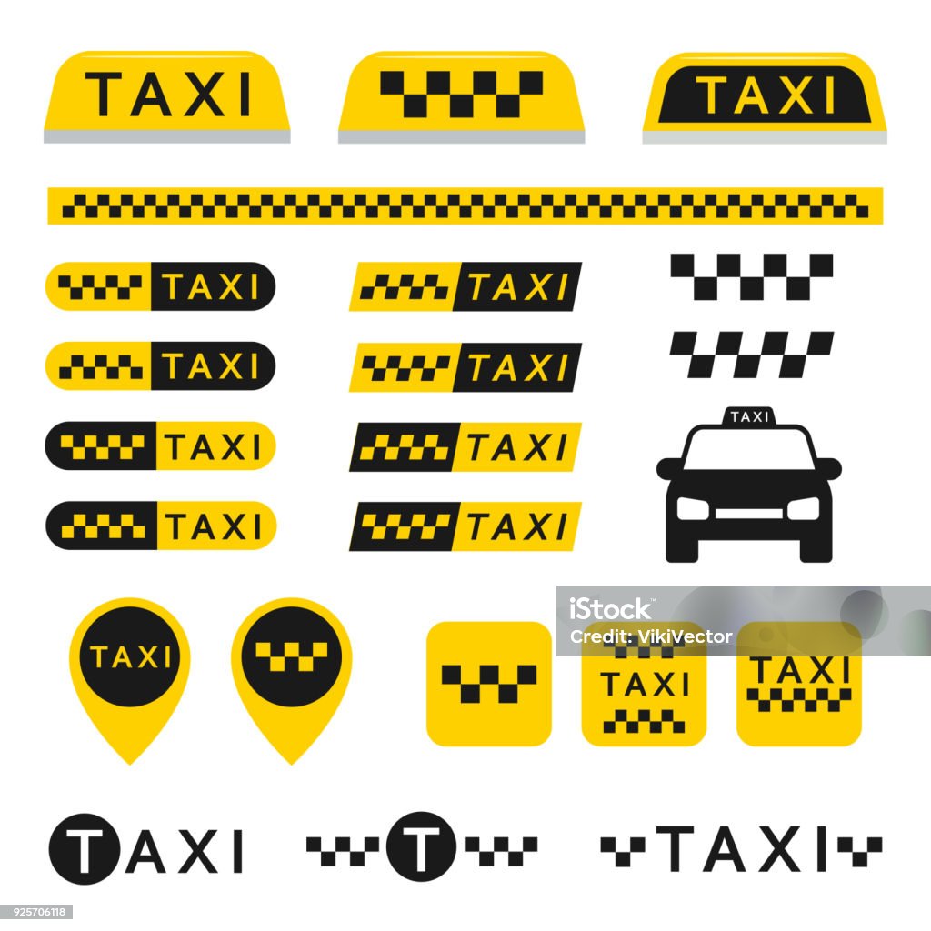Taxi set icons Taxi set icons, logos, buttons, and other vector elements isolated from the background. Yellow checkered signs for taxi or cab services in the flat style. Taxi stock vector