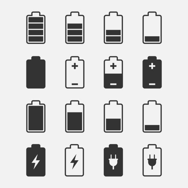 illustrazioni stock, clip art, cartoni animati e icone di tendenza di set di vettori icone batteria - industria energetica immagine
