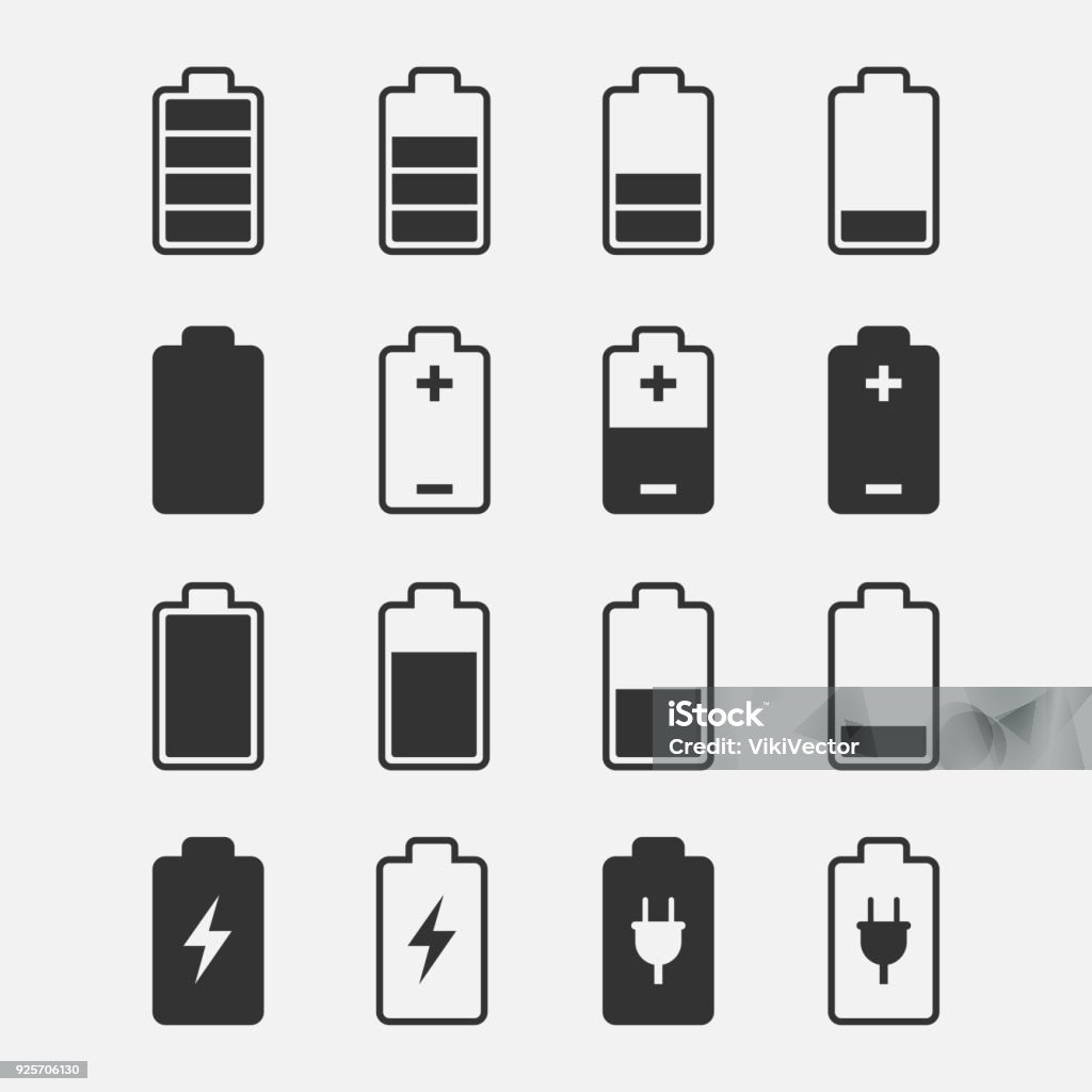 Battery Icons vector set Battery icons vector set of isolated from the background. Symbols of battery charge level, full and low. The degree of battery power. Battery stock vector