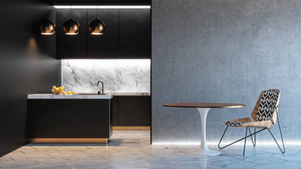 schwarze küche minimalistisches interieur mit tisch stuhl lampe marmorboden betonwand. render 3d-illustration mock-up. - wohngebäude innenansicht stock-fotos und bilder