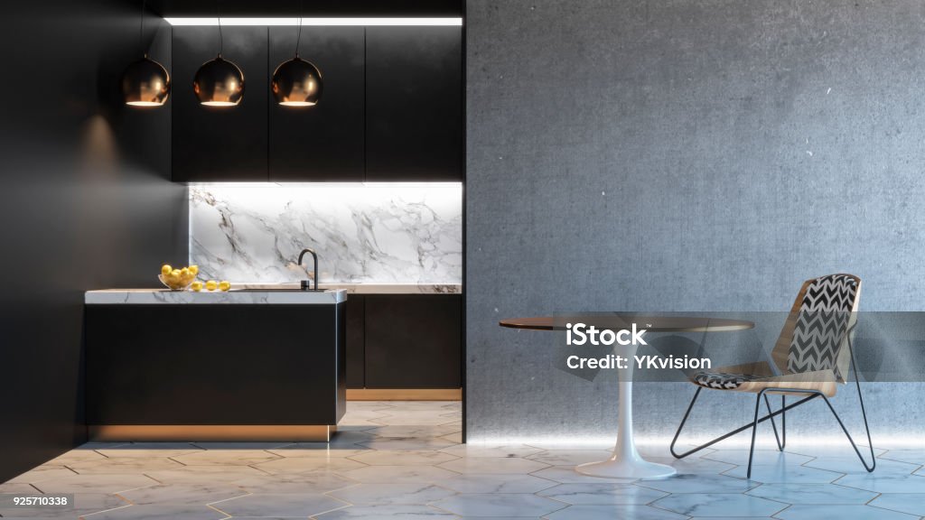 Interior minimalista cocina negra con mesa silla lámpara del piso de mármol hormigón pared. Ilustración de render 3D imitan para arriba. - Foto de stock de Cocina - Estructura de edificio libre de derechos