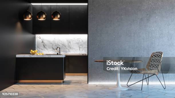 Interior Minimalista Cocina Negra Con Mesa Silla Lámpara Del Piso De Mármol Hormigón Pared Ilustración De Render 3d Imitan Para Arriba Foto de stock y más banco de imágenes de Cocina - Estructura de edificio