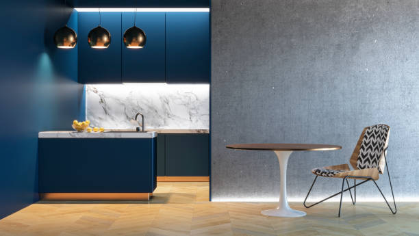 intérieur minimaliste de cuisine bleu avec mur de béton de table chaise lampe de sol en bois. rendu 3d illustration simulé vers le haut. - restaurant vehicle interior luxury indoors photos et images de collection