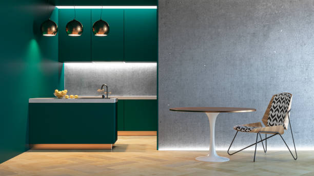 intérieur minimaliste de la cuisine verte avec mur de béton de table chaise lampe de sol en bois. rendu 3d illustration simulé vers le haut. - restaurant vehicle interior luxury indoors photos et images de collection