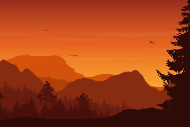 Vector illustration of Mountain landscape with forest, under a orange sky with flying birds and clouds