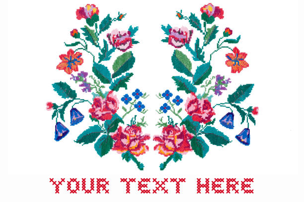 텍스트에 대 한 공간을 가진 카드입니다. 흰색 바탕에 수 놓은 꽃 - cross stitch 뉴스 사진 이미지