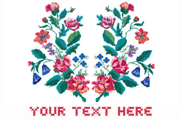 Card with space for text. Embroidered cross-stitch bouquet of flowers isolated on white background