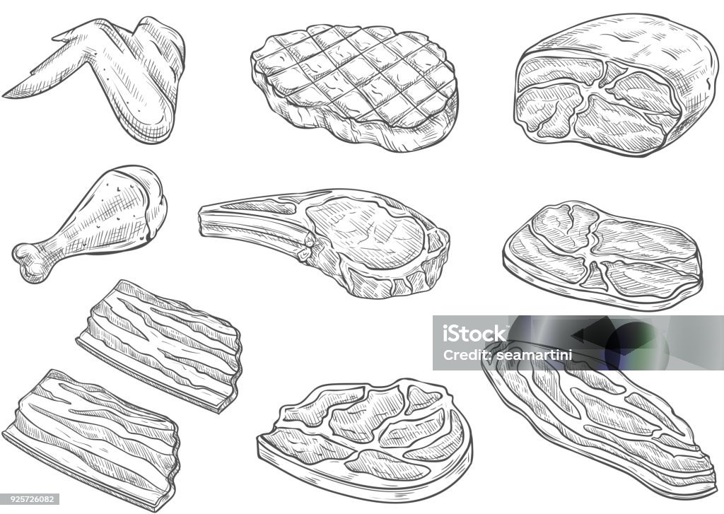 Vector sketch icônes de poulet viande boucherie - clipart vectoriel de Viande libre de droits