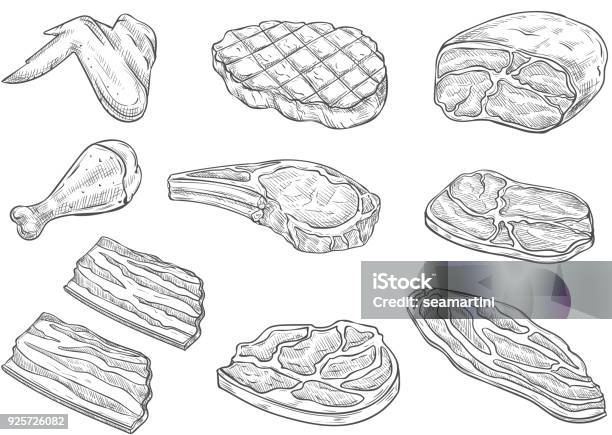 Vector Sketch Butchery Meat Chicken Icons Stock Illustration - Download Image Now - Meat, Chicken Wing, Illustration