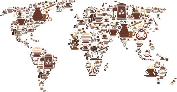 Vector illustration of Vector coffee world map for cafeteria cafe