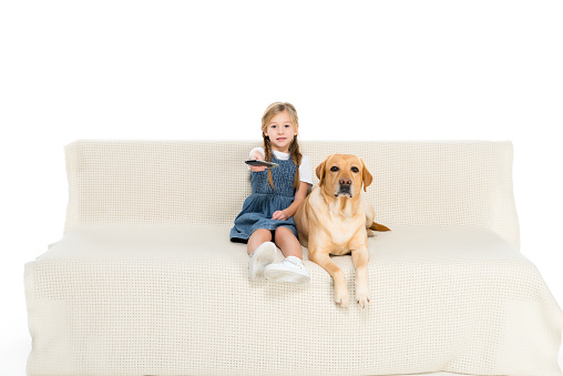 child and dog watching tv on sofa, isolated on white