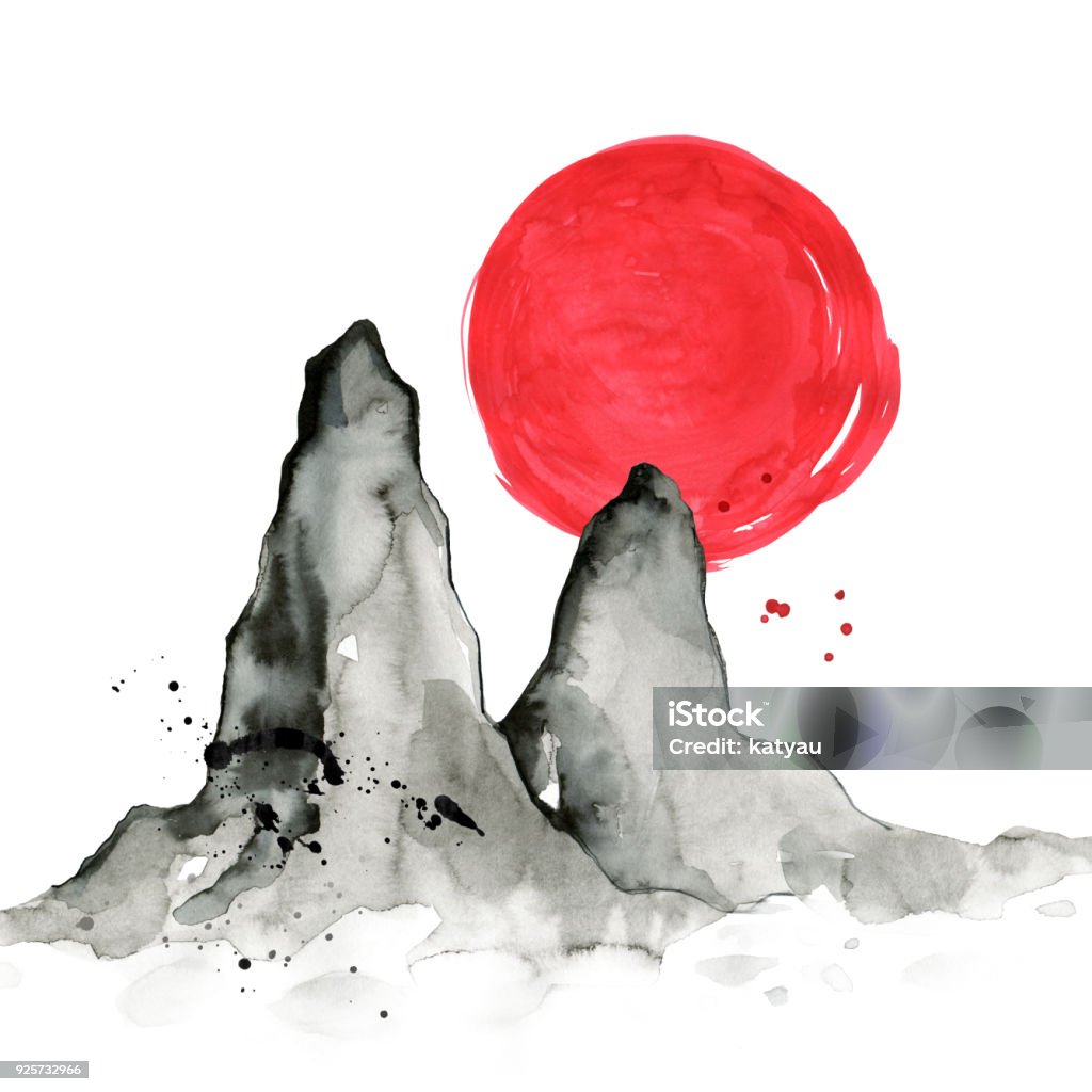 Mountains In Japanese Style Watercolor Hand Painting Illustration Stock  Illustration - Download Image Now - iStock