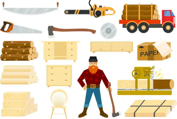 Vector illustration of Timber vector woodcutter character or logger saws lumber or hardwood set of wooden timbered materials in sawmill isolated on white background