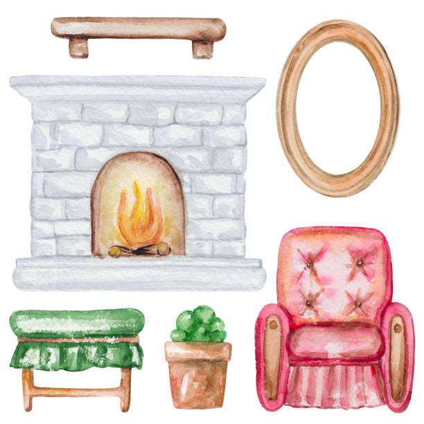 Watercolor set of furniture Set of furniture with frame, shelf, flower pot, fireplace, armchair and banquet. Hand drawn watercolor illustration banquet chairs stock illustrations