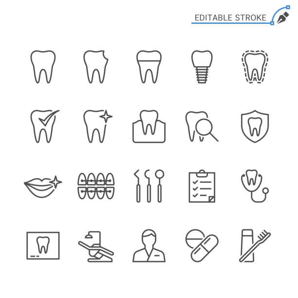 ilustrações, clipart, desenhos animados e ícones de ícones de linha dental. editável, acidente vascular cerebral. pixel-perfeito. - dentist dental hygiene symbol computer icon