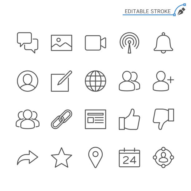 Social network line icons. Editable stroke. Pixel perfect. Simple vector line Icons. Editable stroke. Pixel perfect. like comment share icon stock illustrations