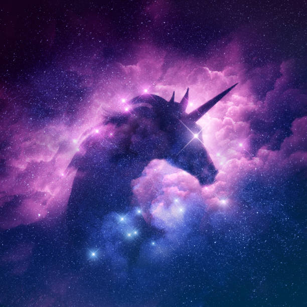 Unicorn Nebula Background A unicorn silhouette in a galaxy nebula cloud. Raster illustration. unicorn stock pictures, royalty-free photos & images