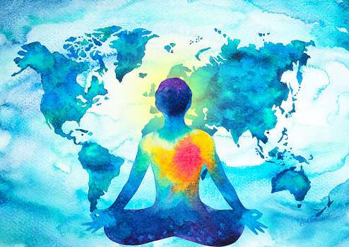 abstract human meditator chakra universe power world map background design blue green watercolor painting