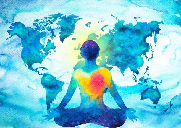abstract human meditator chakra universe power world map background design blue green watercolor painting vector art illustration