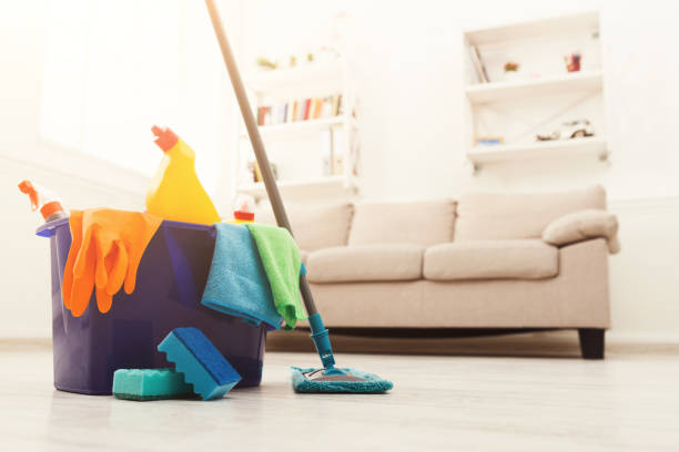 istock Bucket with sponges, chemicals bottles and mopping stick. 925759436