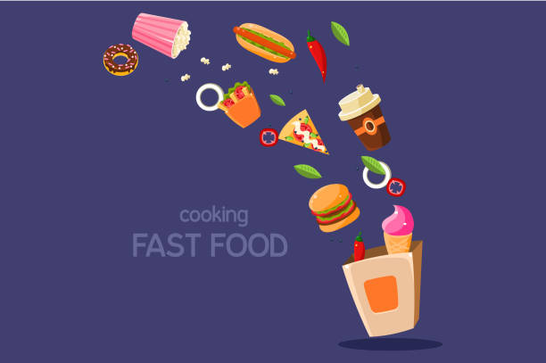 istock Fresh meal flying into a box, cooking fasr food vector Illustration on a blue background 925774378