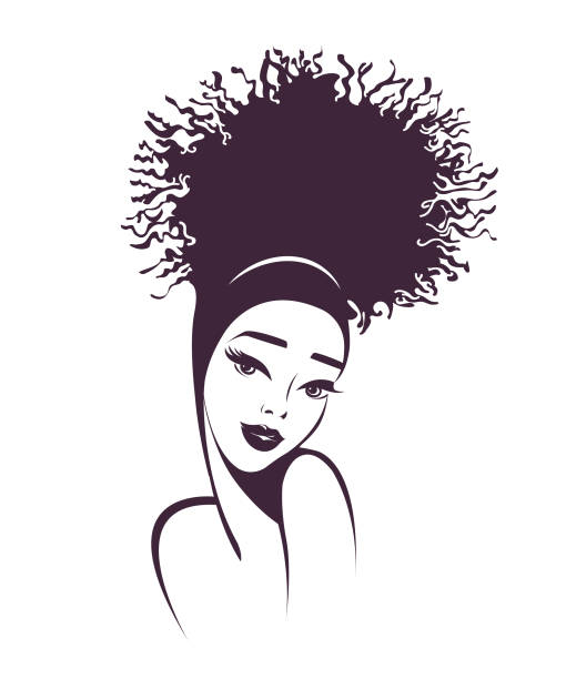 Beautiful African american woman with sophisticated hair bun style and makeup.Beauty and hair salon vector icon. Portrait of a young African woman with curly Afro hair, big eyes and shiny lipstick on her lips. black woman hair bun stock illustrations