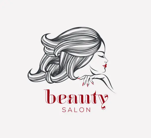 Vector illustration of Beautiful woman with long, wavy hair, bold makeup and elegant manicure.Beauty and hair salon vector icon.