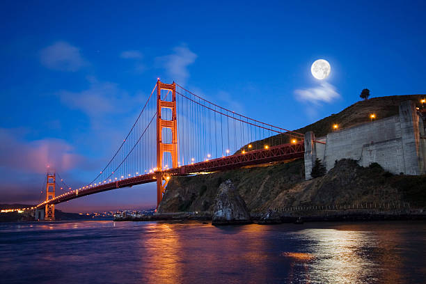 lune sur le golden gate bridge - sausalito photos et images de collection