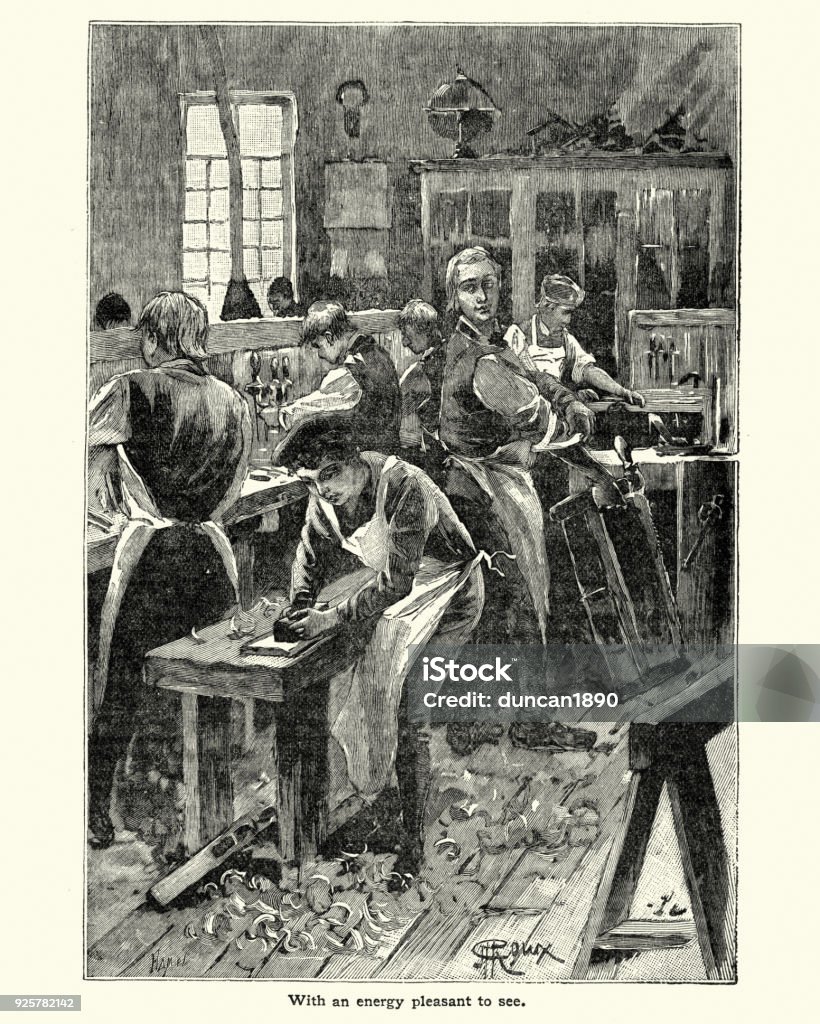 Students of Uppsala, Learning carpentry 19th Century Vintage engraving of Students of Uppsala, Learning carpentry 19th Century Carpenter stock illustration