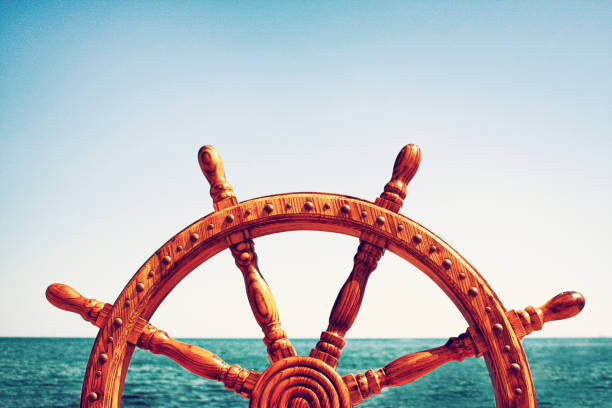 Steering wheel ship stock photo