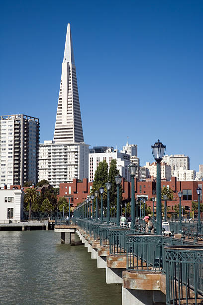 Transamerica Pyramid with Pier - Vertical  transamerica pyramid san francisco stock pictures, royalty-free photos & images