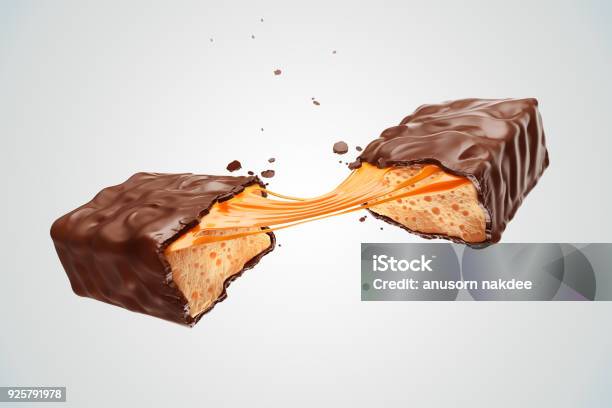 Cracked Chocolate Bar With Caramel Stock Photo - Download Image Now - Chocolate Bar, Caramel, Candy