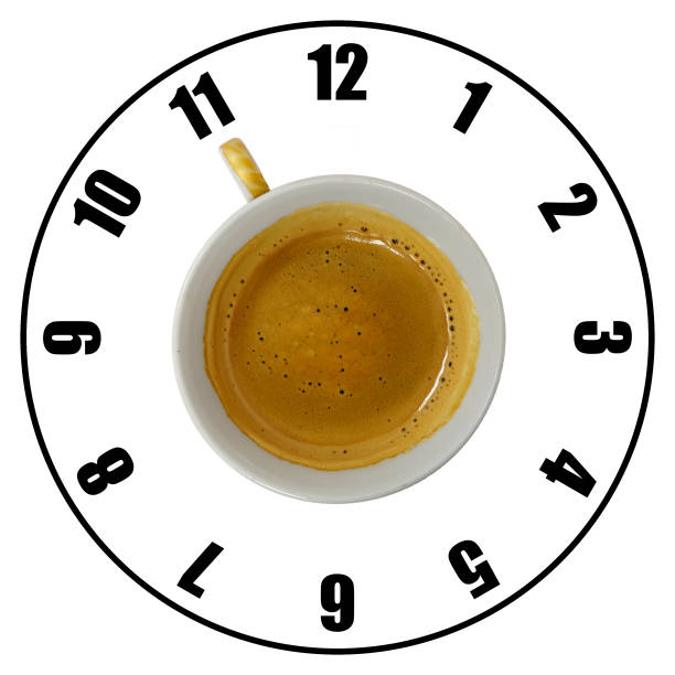 Coffee cup isolated on white background forming clock dial top view. Coffee time concept