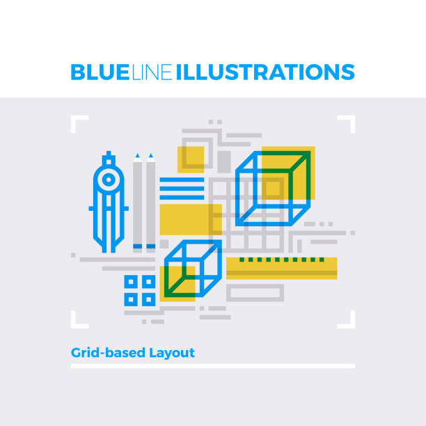 그리드 레이아웃 블루 라인 일러스트 - drawing compass architecture work tool engineering stock illustrations