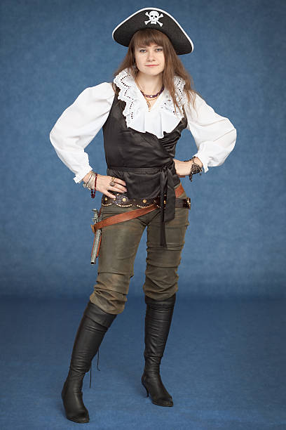 istock Beautiful girl - pirate stand on blue background 92580259
