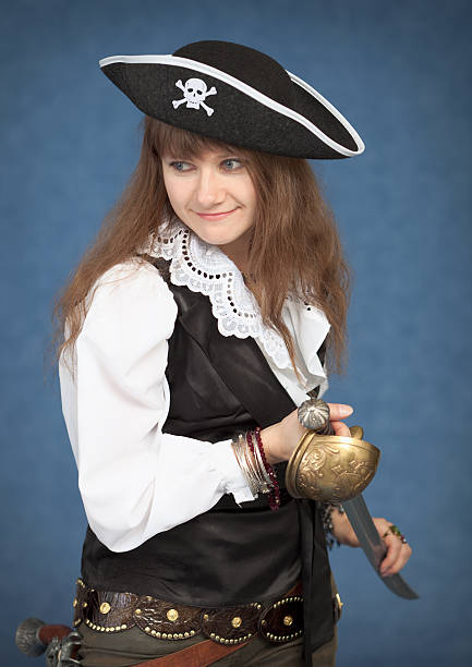 istock Beautiful girl - pirate on blue background 92580260