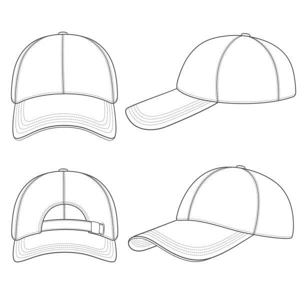 zestaw czarno-białych ilustracji z czapką bejsbolową. izolowane obiekty wektorowe. - vector pattern cotton square shape stock illustrations