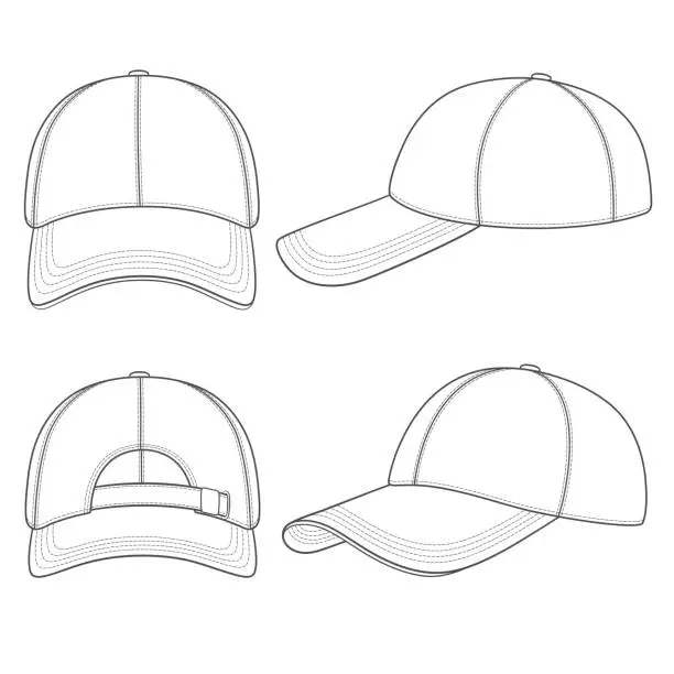 Vector illustration of Set of black and white illustrations with a baseball cap. Isolated vector objects.