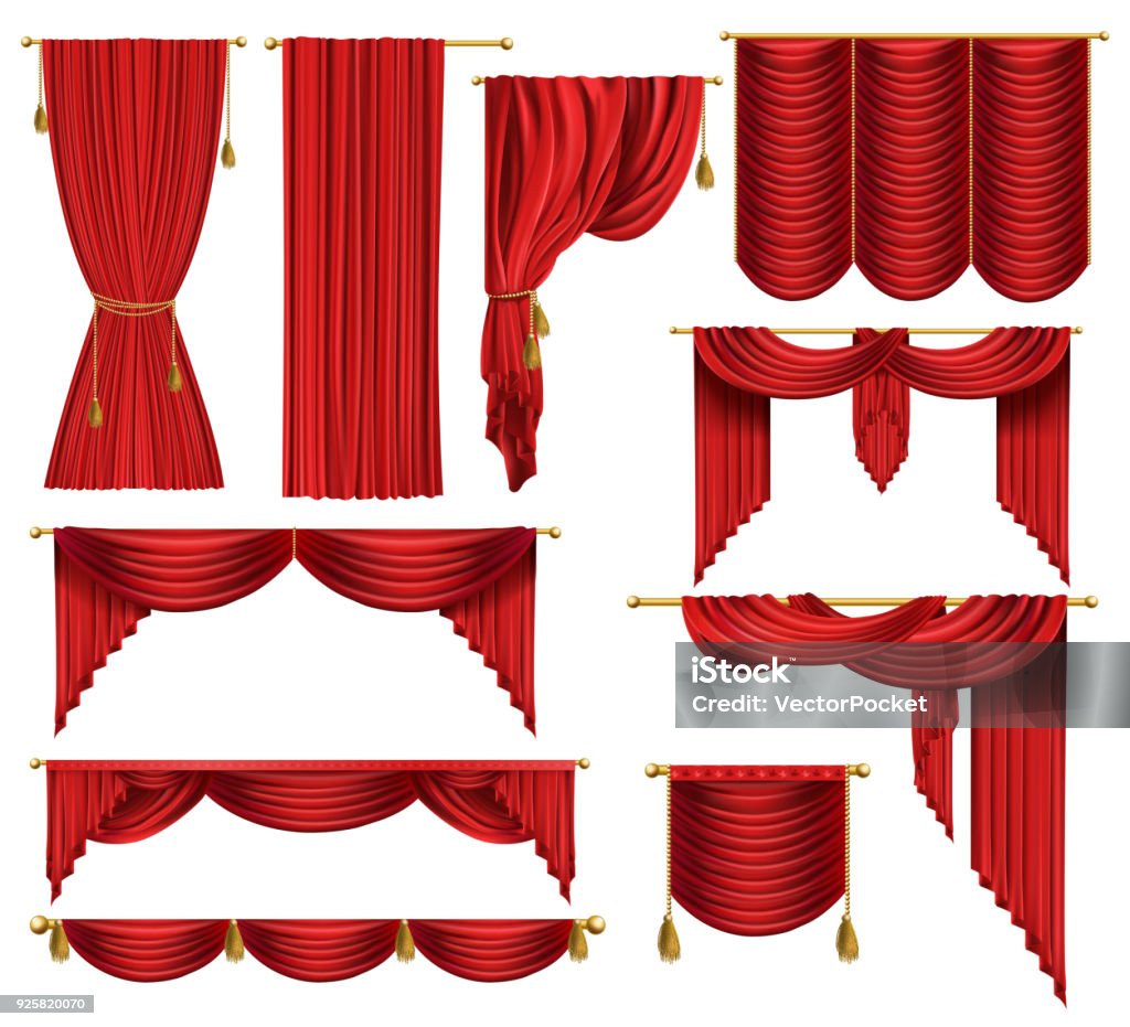 Vector 3d realistic set of red luxury curtains Vector 3d realistic set of red luxury curtains, open and closed, with drapery and decorative cords and tassels isolated on background. Textile drape, decor elements for theater and cinema posters Curtain stock vector
