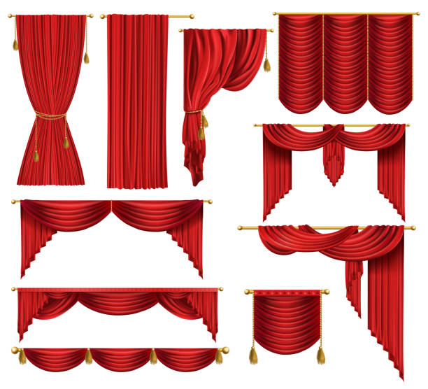 Vector 3d realistic set of red luxury curtains Vector 3d realistic set of red luxury curtains, open and closed, with drapery and decorative cords and tassels isolated on background. Textile drape, decor elements for theater and cinema posters curtain tassel stock illustrations