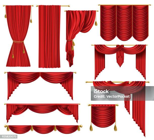 Vector 3d Realistic Set Of Red Luxury Curtains Stock Illustration - Download Image Now - Curtain, Red, Theatrical Performance